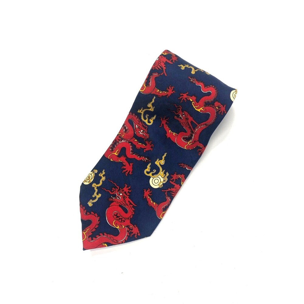 Lanbo Men's Tie 100% Mulberry Silk Navy Blue Red Chinese Dragon Novelty